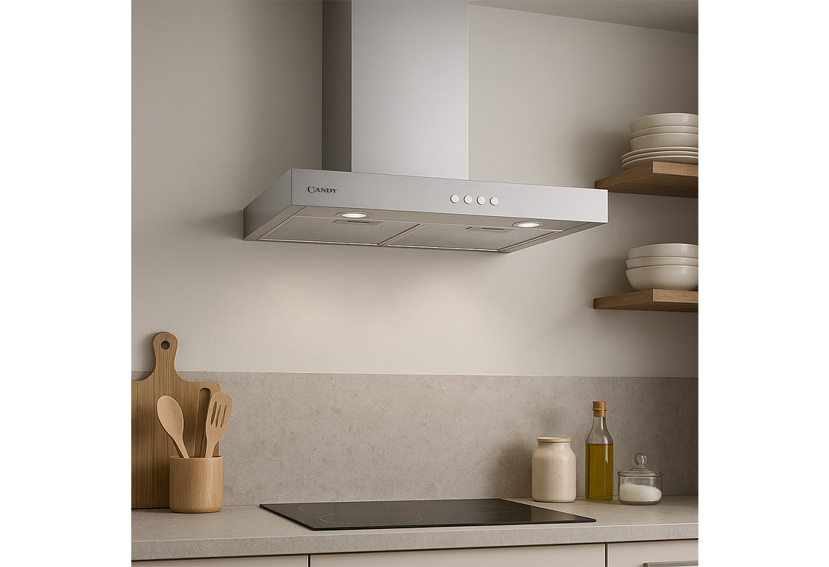 Απεικονίζεται ο απορροφητήρας εγκατεστημένος σε κουζίνα.